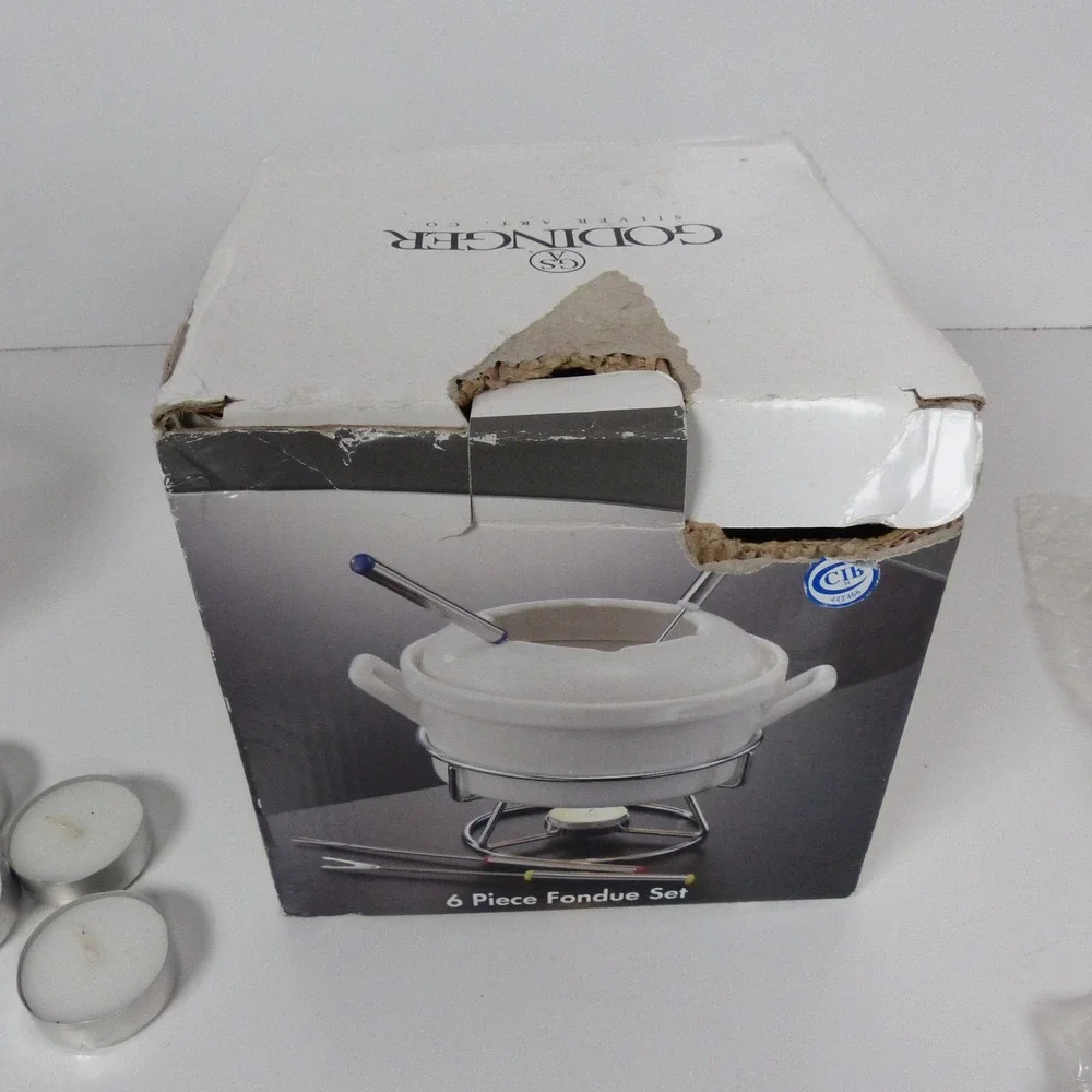 GODINGER 6 PC Cheese FONDUE Set Porcelain Casserole 4 Forks Metal Stand Oven New